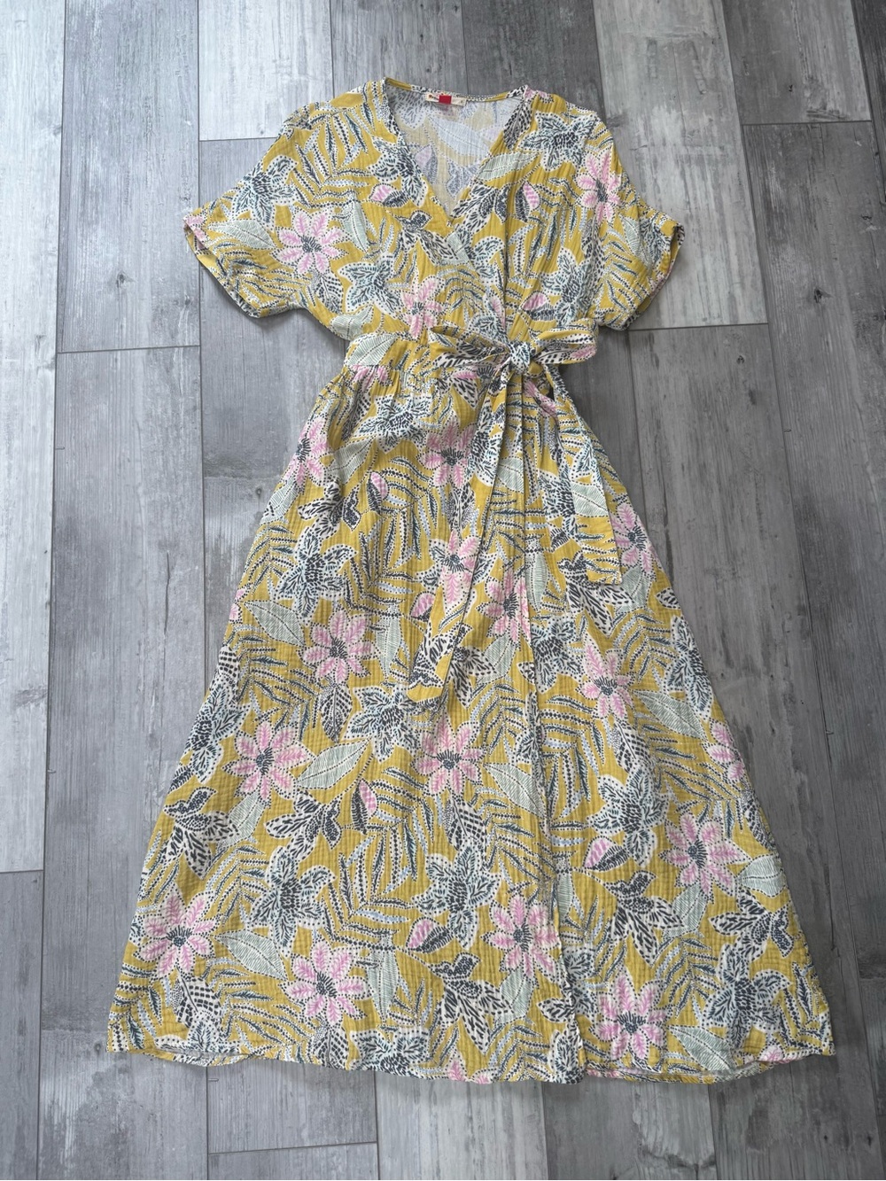 Marine Layer 100% Cotton Floral Wrap Midi Dress Yellow Pink Size Small